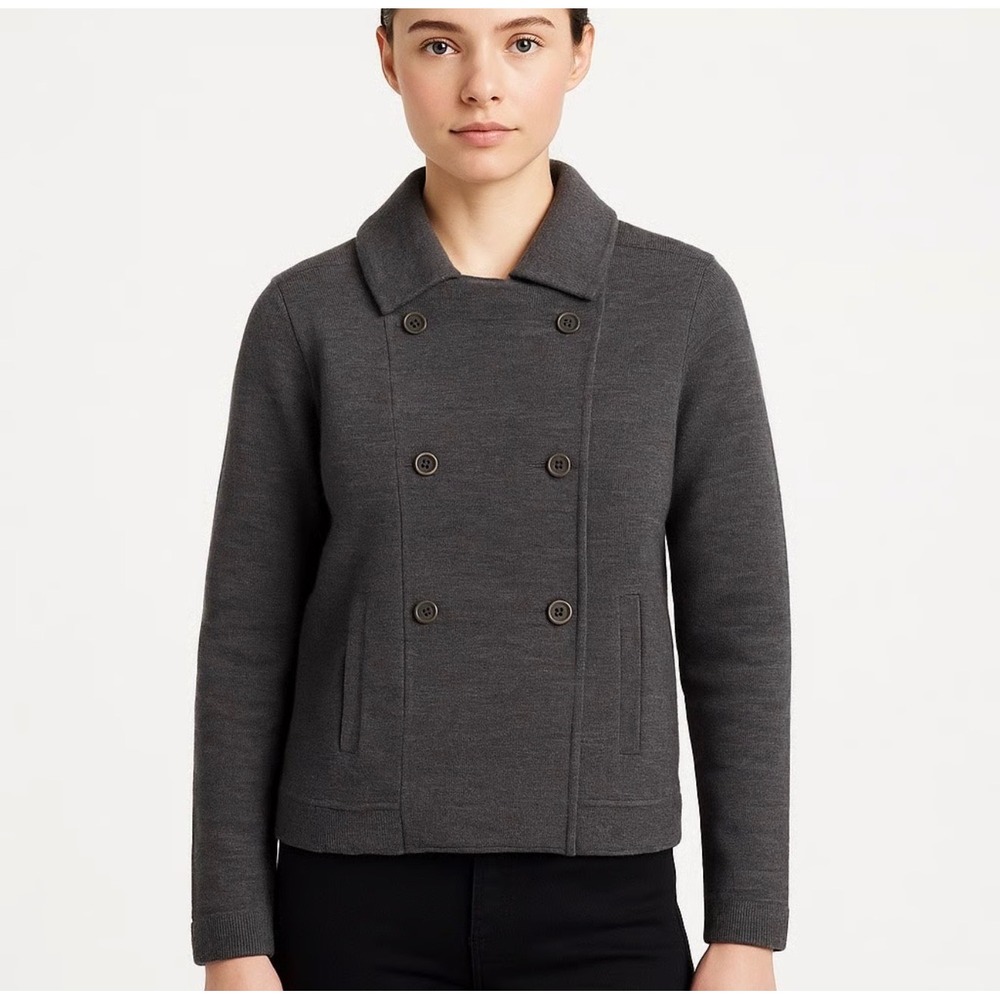 Eileen Fisher Merino Wool Double Breasted Knit Jacket Charcoal Grey Medium